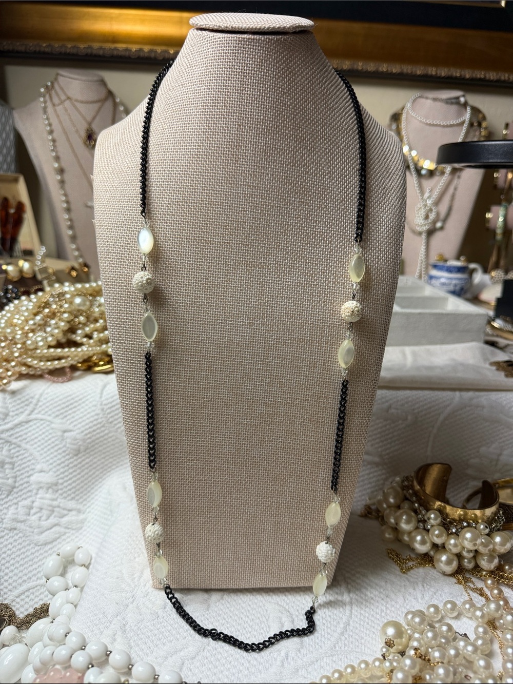 Vintage Black Chain Necklace with Ivory Beads
